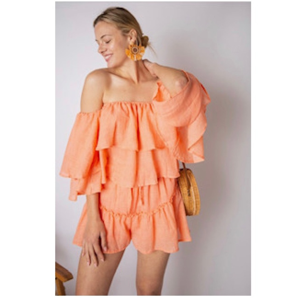 Orange off the shoulder top and shorts two piece